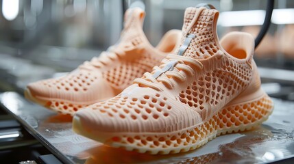 Close-up of peach-toned running shoes with a unique breathable mesh design, providing both style and comfort for athletic activities.