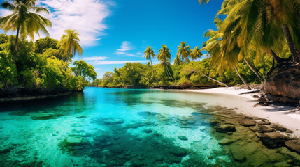 An HDR image of a tropical lagoon with turquoise water, surrounded by lush vegetation and a white sandy beach under a clear blue sky. - obrazy, fototapety, plakaty