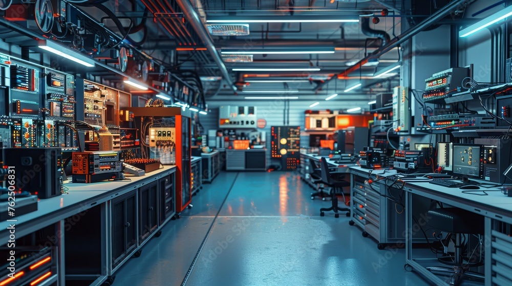Poster Modern electronic lab featuring sophisticated devices and technology for research and development in science and engineering.