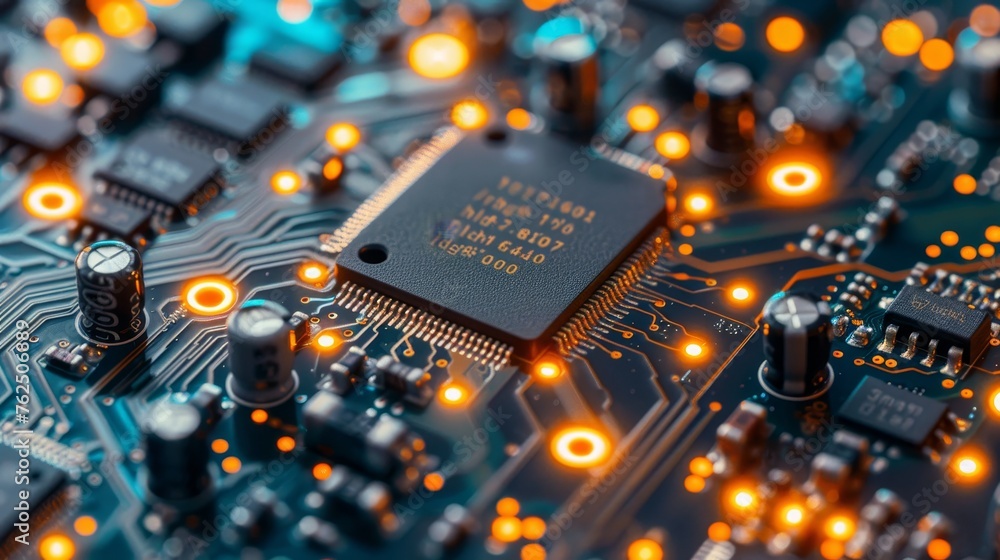 Poster macro shot of an integrated circuit with glowing orange nodes on a motherboard, showcasing technolog