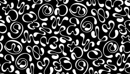 Seamless abstract Y2K-inspired pattern with white fluid numbers in a twisting shape and droplet ends on a black background, ideal for modern retro fashion and design