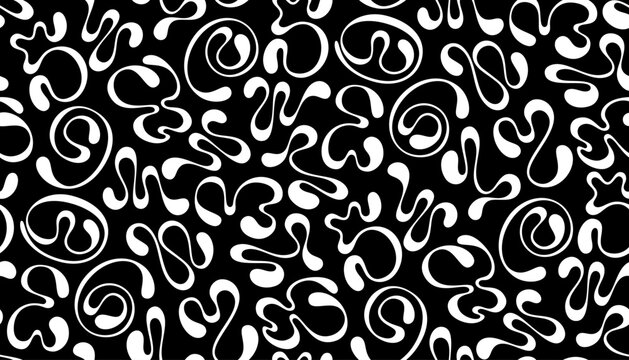 Seamless abstract Y2K-inspired pattern with white fluid numbers in a twisting shape and droplet ends on a black background, ideal for modern retro fashion and design