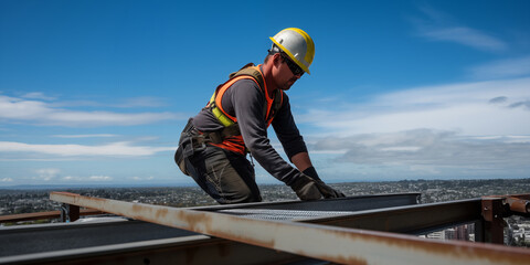 fictional construction worker with a sunny sky behind him perched high on a highrise building with steel beams exposed; working donning safety gear - obrazy, fototapety, plakaty