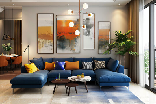 A modern drawing room with a blue sofa with beautiful chandelier and abstract art paintings