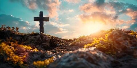 Symbol of Hope and Renewal: Celebrating Easter and Jesus' Triumph. Concept Easter Celebration, Christian Symbolism, Resurrection of Jesus, Hope and Renewal, Religious Observance - obrazy, fototapety, plakaty