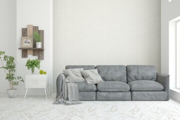 White living room with sofa. Scandinavian interior design. 3D illustration