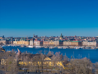 Fototapeta na wymiar Stockholm old town - Ostermalm, next to Gamla stan. Aerial view of Sweden capital. Drone top panorama photo