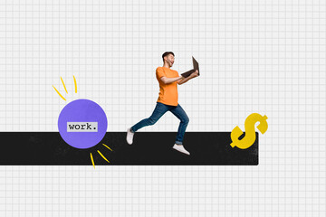 Composite trend artwork sketch image 3D photo collage of young office worker smart guy hold in hand laptop earn money get salary dollars