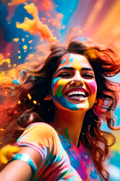 Colorful portrait young woman celebrating holi festival vibrant powder paint explosion..