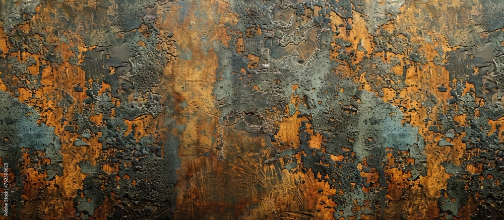 Poster a detailed image showing the intricate pattern of rust on a weathered metal surface, resembling a un