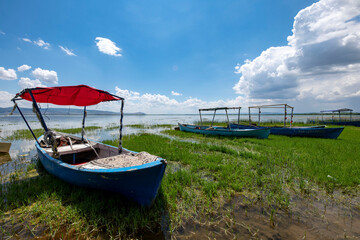 Decorated day-trip boats in Isikli Lake in Denizli's Civril district. Isıkli Lake is flooded with...