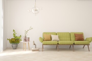 White living room with sofa. Scandinavian interior design. 3D illustration