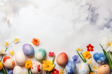 Colorful Easter eggs with spring flowers on marble