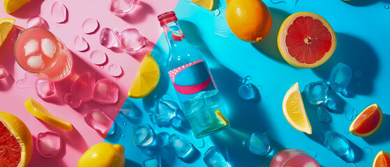 A bottle of juicy is on a table with a bunch of fruit and ice, playful and refreshing mood