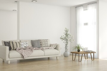 White living room with sofa. Scandinavian interior design. 3D illustration