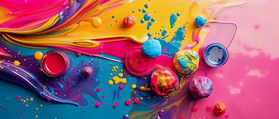 A colorful painting with many different colors and paint splatters, colors are bright and bold