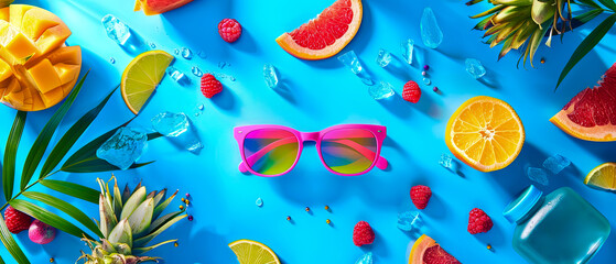 A colorful fruit salad with a pair of sunglasses on top, blue background