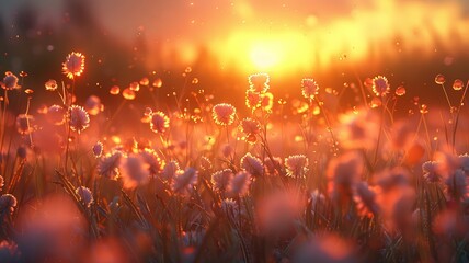 Fototapeta na wymiar Sunrise over a field of white flowers creating a warm and peaceful atmosphere