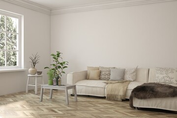 White living room with sofa. Scandinavian interior design. 3D illustration
