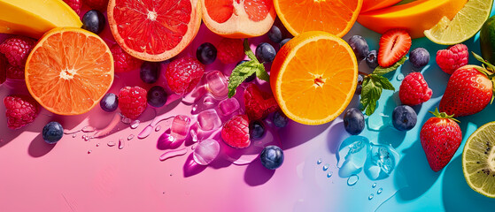 A colorful fruit display with a blue background