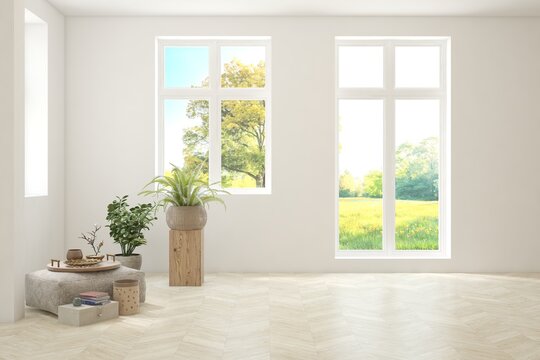 White empty room. Scandinavian interior design. 3D illustration