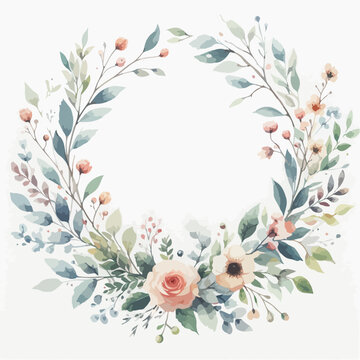 wreath of flowers and leaves, wedding decoration watercolor style 