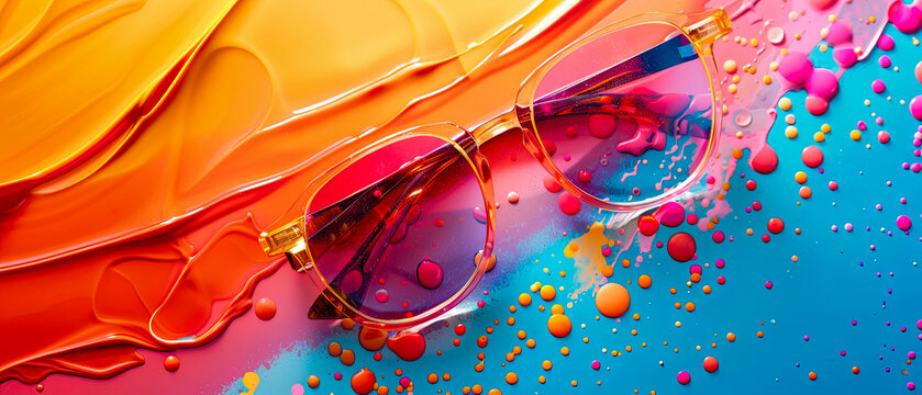 A pair of glasses is on a table with a colorful background, playful atmosphere