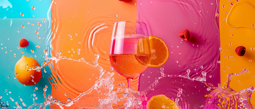 A glass of wine with a slice of orange and a raspberry on top, colors are bright and vibrant