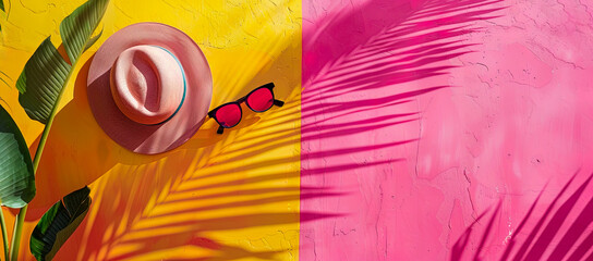 A hat and sunglasses are on a yellow and pink background