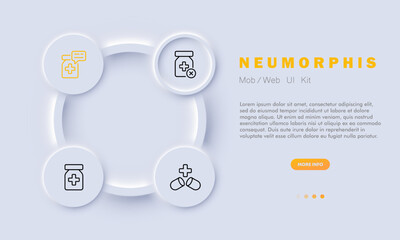 Medicine set line icon. Fracture, bone, treatment, doctor, smartphone, heart, syringe, first aid kit. Neomorphism style. Vector line icon for business and advertising