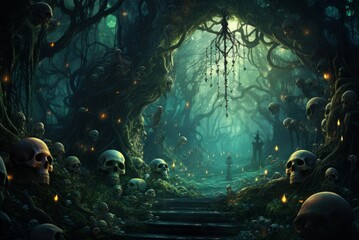 Enchanting Open skull magic forest. Dark cave. Generate Ai