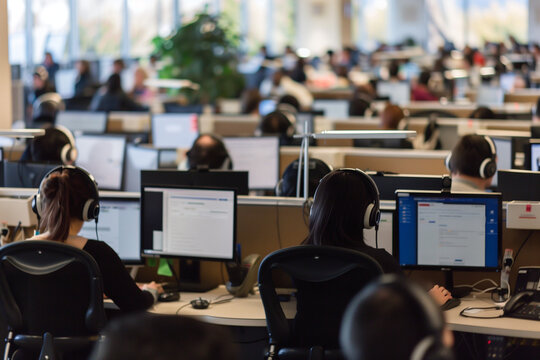 A modern office landscape with employees engaged in tasks at their computer cubicles.
