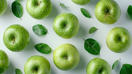 Fototapeta premium Fresh green apples arranged neatly on a clean white surface with leaves
