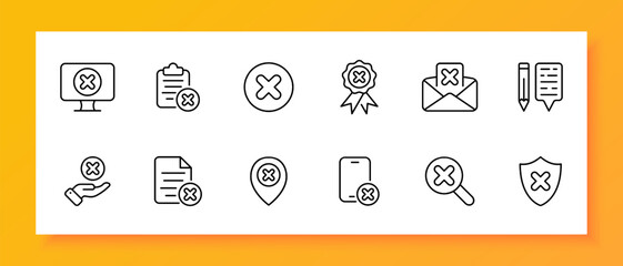 Cancel icon set. Monitor, list, cross, medal, mail, shield, file, smartphone, gps label. Black icon on a white background. Vector line icon for business and advertising - obrazy, fototapety, plakaty