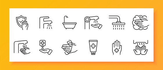 Fototapeta premium Cleaning icon set. Bath, shower, liquid soap, water, faucet, pipeline, drying, ointment. Black icon on a white background. Vector line icon for business and advertising