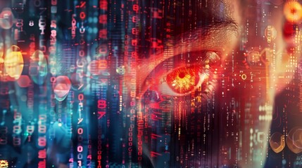 Eyes focused on digital data, symbolizing the representation of biometric information being observed and analyzed in a digital context.