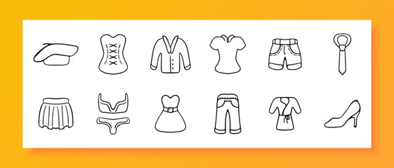 Clothes icon set. Socks, dress, coat, glasses, skirt, handbag, jacket, down jacket, winter clothes. Black icon on a white background. Vector line icon for business and advertising