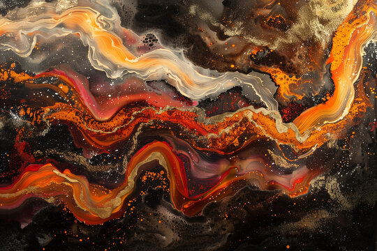 Rippling ribbons of orange and gold flow through a marbled abyss of black and gray