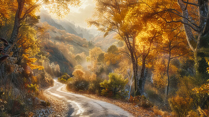 Autumn Landscape, Scenic Country Road, Vibrant Foliage and Misty Morning, Nature Beauty