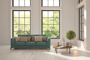 White living room with sofa and summer landscape in window. Scandinavian interior design. 3D illustration
