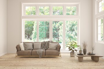Modern interior concept with sofa and summer landscape in window. 3D illustration