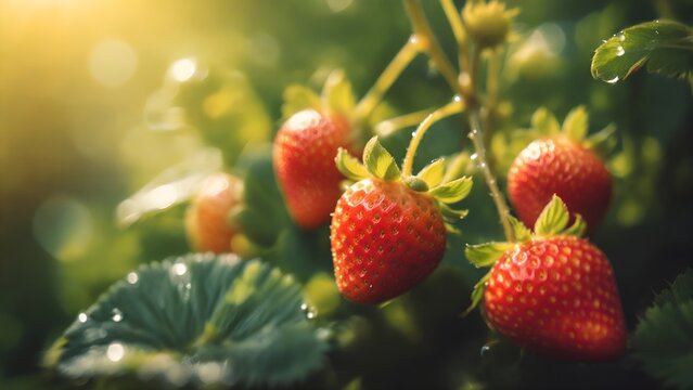 Strawberry close-up photo in morning light, fresh ripe berries growing in the garden