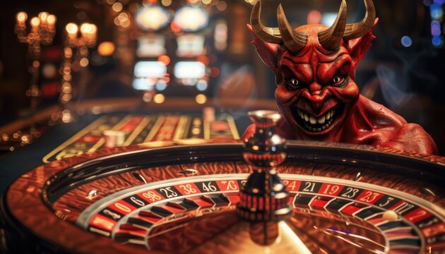 Devilish figure by casino roulette wheel - A striking red devil figure stands menacingly beside a casino roulette table, symbolizing temptation