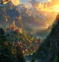 Deurstickers Fantasy castle amidst mountain landscape - A fantastical digital art scene with a grand castle nestled among majestic mountains at sunset © Mickey
