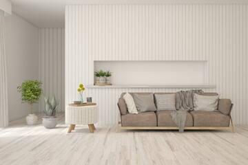 White living room with sofa. Scandinavian interior design. 3D illustration