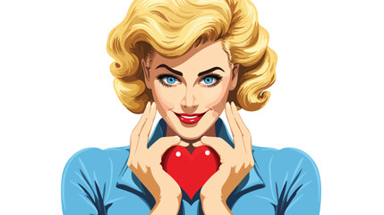 Blonde pop art woman making heart sign with hands.