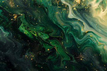 Fototapeta premium Vivid green and golden swirls with sparkling details in a luxurious marbled texture