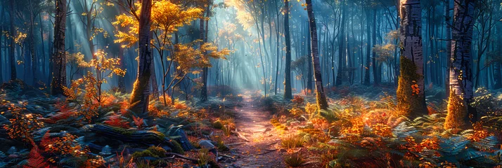 Poster Autumn Forest with Sunlight, Scenic Nature Path, Golden Foliage and Warm Seasonal Light © Real
