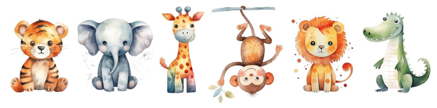 Set of watercolor cute baby african animals isolated on white background.