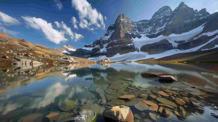 Paisaje montañoso con una laguna de agua cristalina a los pies de una montaña nevada - obrazy, fototapety, plakaty